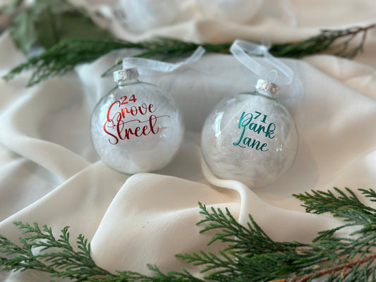 Personalised New Home Bauble: Glass White Feather Ornament [Moving House Engagement Wedding Gift Proposal]