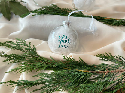 Personalised New Home Bauble: Glass White Feather Ornament [Moving House Engagement Wedding Gift Proposal]