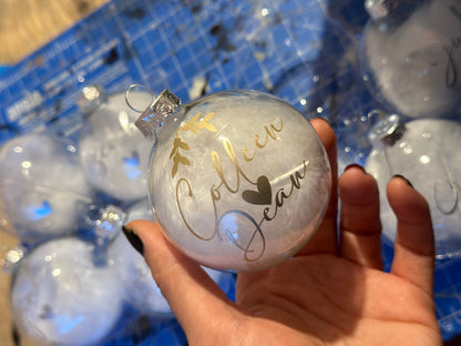 Personalised White Feather Couple Name Bauble: Glass Remembrance Ornament [Anniversary Engagement Wedding Gift Proposal]