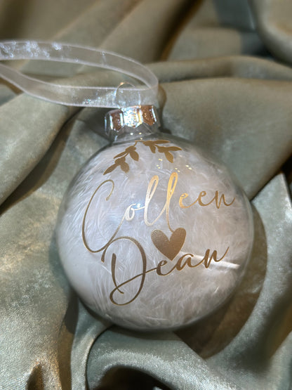 Personalised White Feather Couple Name Bauble: Glass Remembrance Ornament [Anniversary Engagement Wedding Gift Proposal]