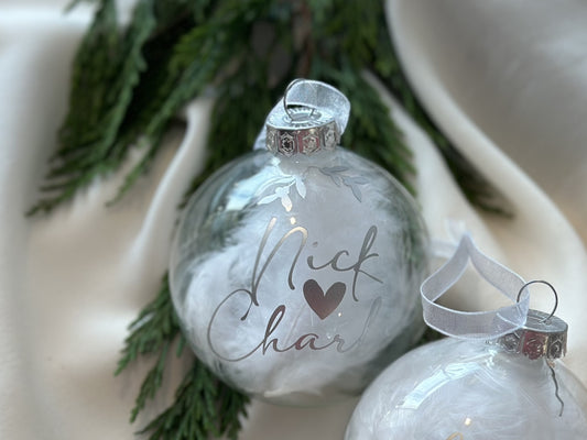 Personalised White Feather Couple Name Bauble: Glass Remembrance Ornament [Anniversary Engagement Wedding Gift Proposal]