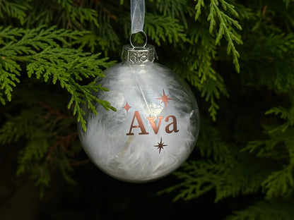 Personalised Name Star Christmas Ornament: White Feather Glass Bauble [New Baby First Christmas Keepsake Star Heart Tree Decoration]