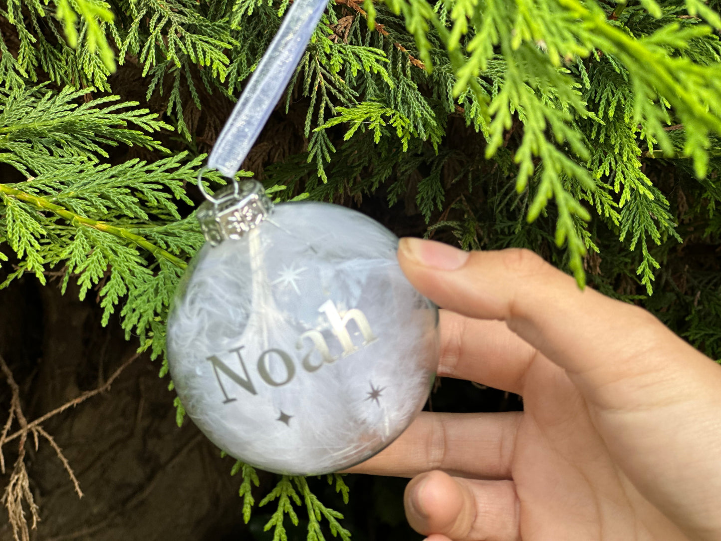 Personalised Name Star Christmas Ornament: White Feather Glass Bauble [New Baby First Christmas Keepsake Star Heart Tree Decoration]