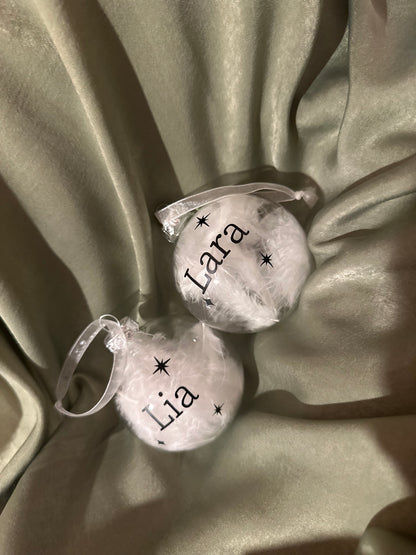 Personalised Name Star Christmas Ornament: White Feather Glass Bauble [New Baby First Christmas Keepsake Star Heart Tree Decoration]