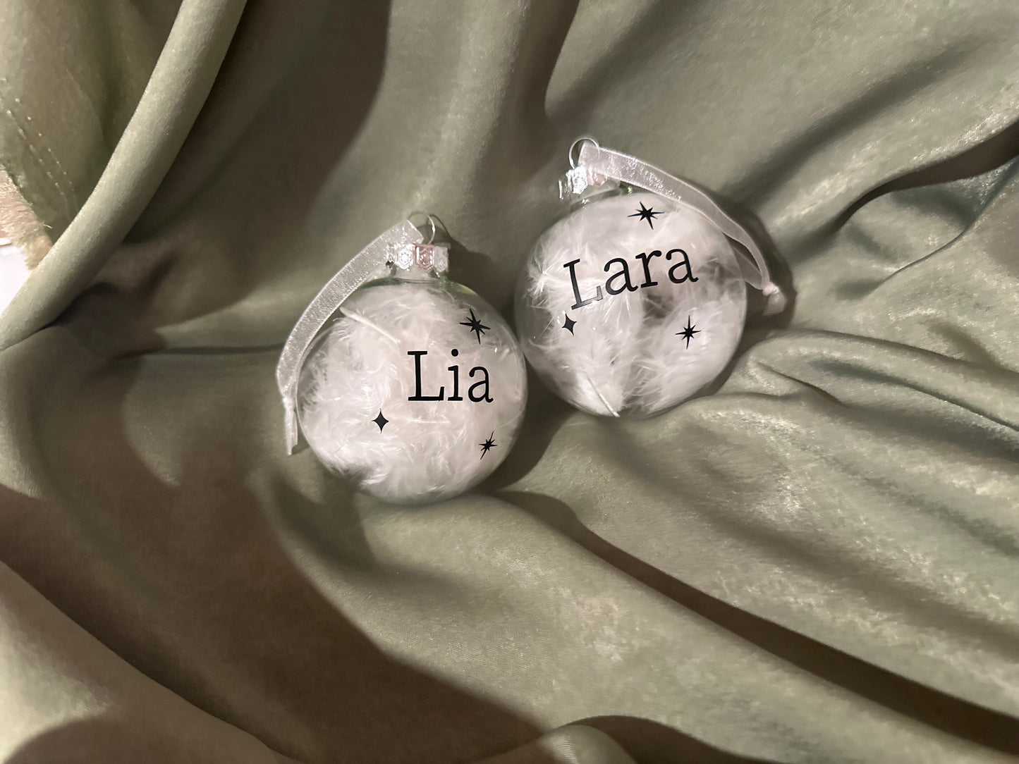 Personalised Name Star Christmas Ornament: White Feather Glass Bauble [New Baby First Christmas Keepsake Star Heart Tree Decoration]