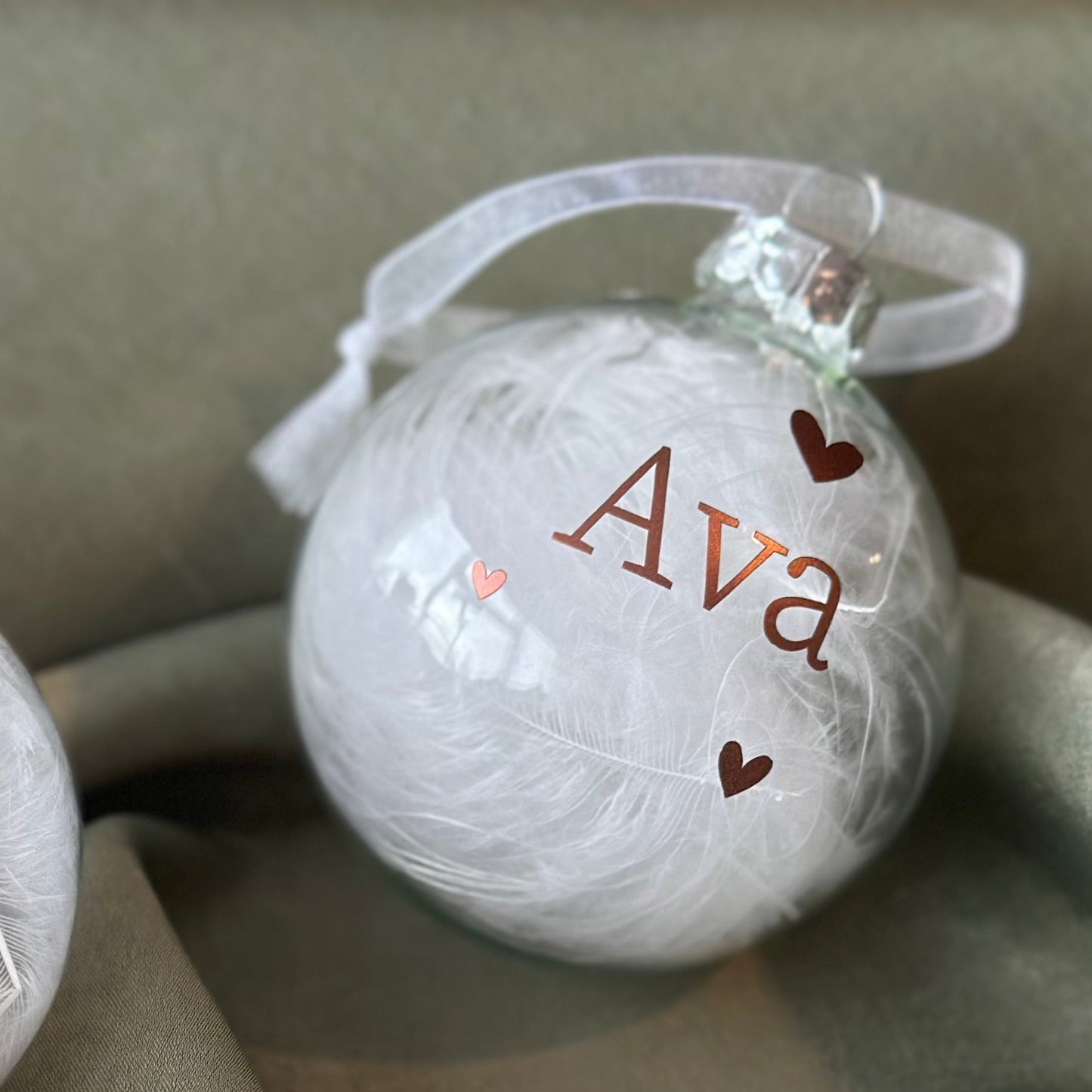 Personalised Name Heart Christmas Ornament: White Feather Glass Bauble [New Baby First Christmas Keepsake Star Heart Tree Decoration]