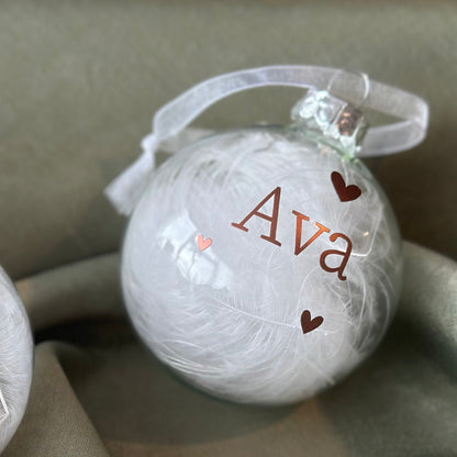 Personalised Name Heart Christmas Ornament: White Feather Glass Bauble [New Baby First Christmas Keepsake Star Heart Tree Decoration]