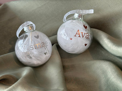 Personalised Name Heart Christmas Ornament: White Feather Glass Bauble [New Baby First Christmas Keepsake Star Heart Tree Decoration]