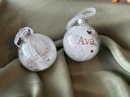 Personalised Name Heart Christmas Ornament: White Feather Glass Bauble [New Baby First Christmas Keepsake Star Heart Tree Decoration]