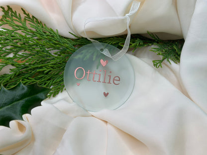 Personalised Name Heart Christmas Ornament: Ceramic, Star or Frosted Glass Bauble [New Baby First Christmas Keepsake Star Heart Tree Decoration]