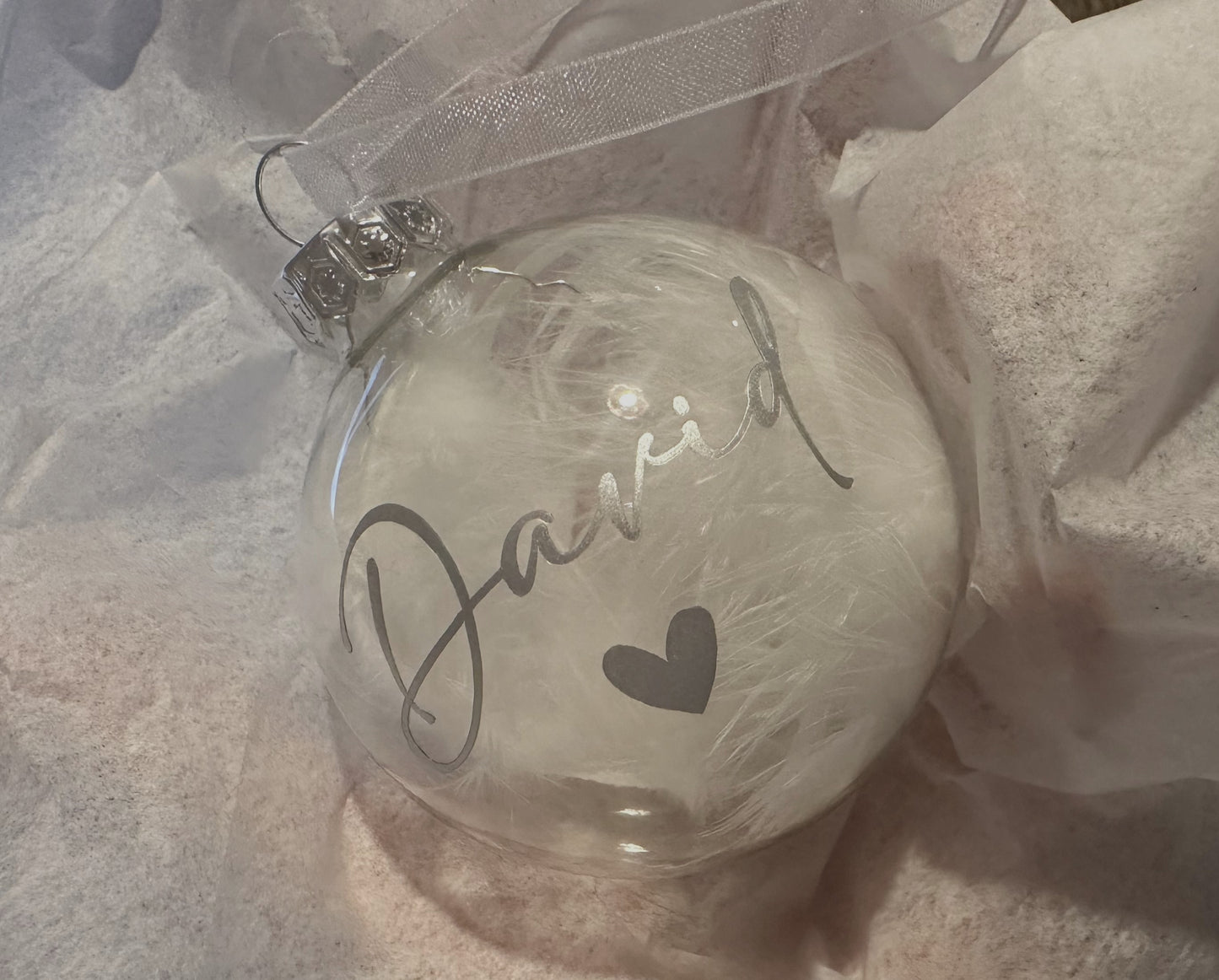 Personalised Name Christmas Ornament: White Feather Glass Bauble [Custom Name Son Daughter Secret Santa]