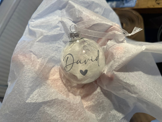 Personalised Name Christmas Ornament: White Feather Glass Bauble [Custom Name Son Daughter Secret Santa]