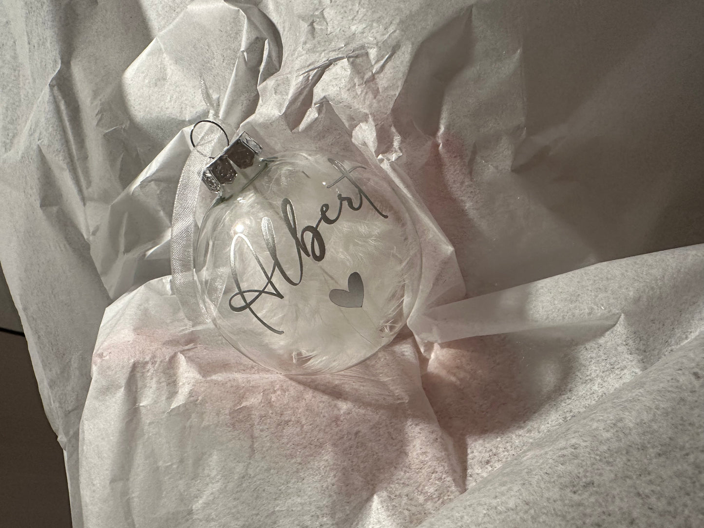 Personalised Name Christmas Ornament: White Feather Glass Bauble [Custom Name Son Daughter Secret Santa]