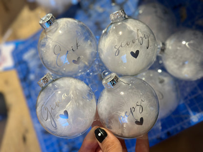 Personalised Name Christmas Ornament: White Feather Glass Bauble [Custom Name Son Daughter Secret Santa]