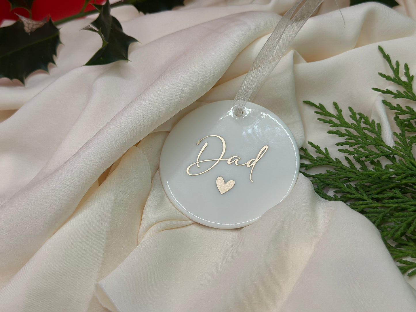 Personalised Name Heart Christmas Ornament: Ceramic, Star or Frosted Glass Bauble [Son Daughter Christmas Keepsake Star Heart Tree Decoration]