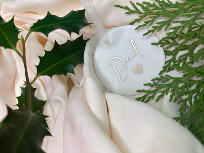 Personalised Name Heart Christmas Ornament: Ceramic, Star or Frosted Glass Bauble [Son Daughter Christmas Keepsake Star Heart Tree Decoration]