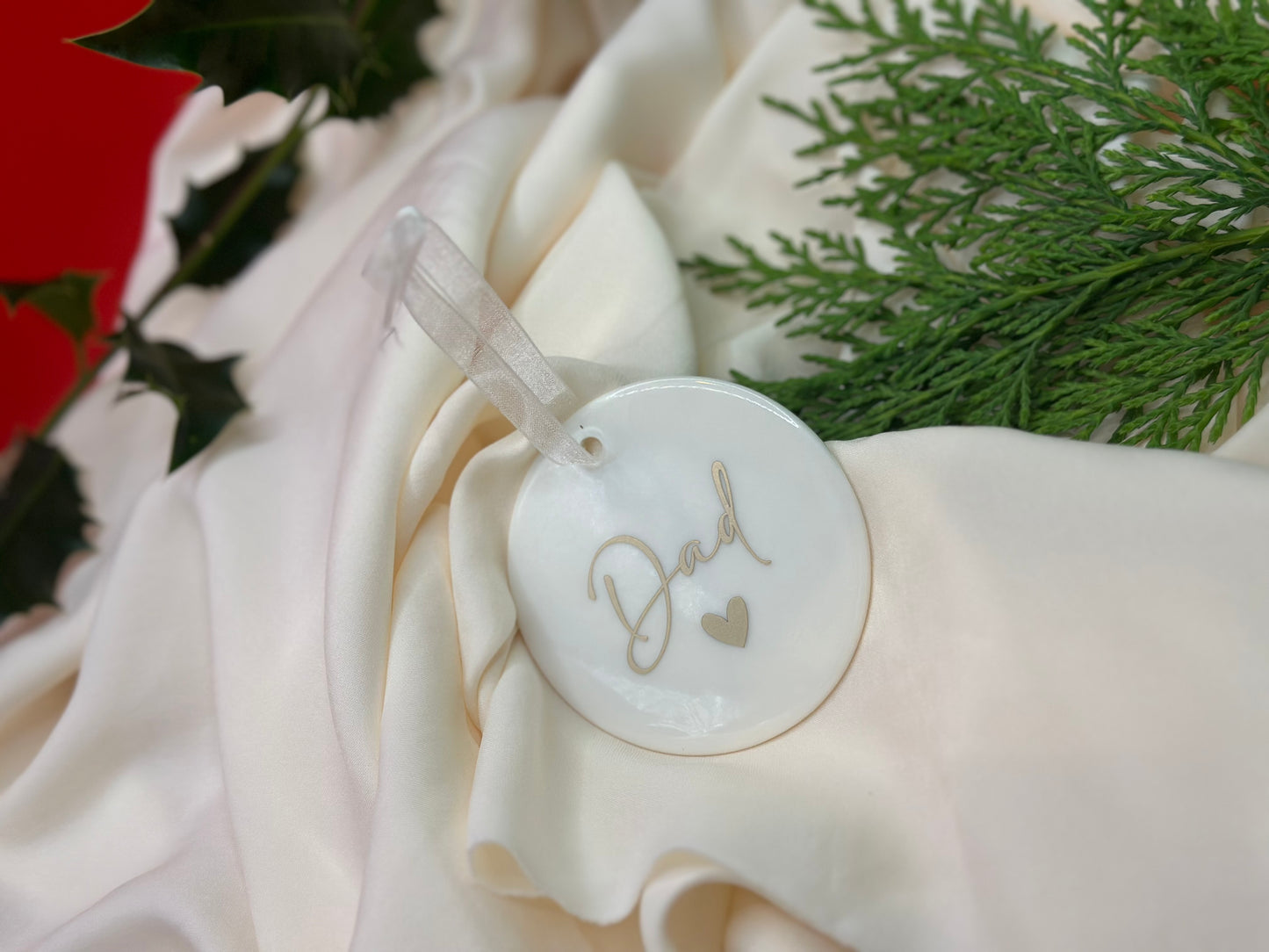 Personalised Name Heart Christmas Ornament: Ceramic, Star or Frosted Glass Bauble [Son Daughter Christmas Keepsake Star Heart Tree Decoration]