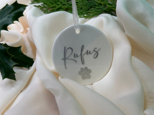 Personalised Pet Name Paw Christmas Ornament: Ceramic, Star or Frosted Glass Bauble [Cat Dog Horse Christmas Keepsake Star Heart Tree Decoration]