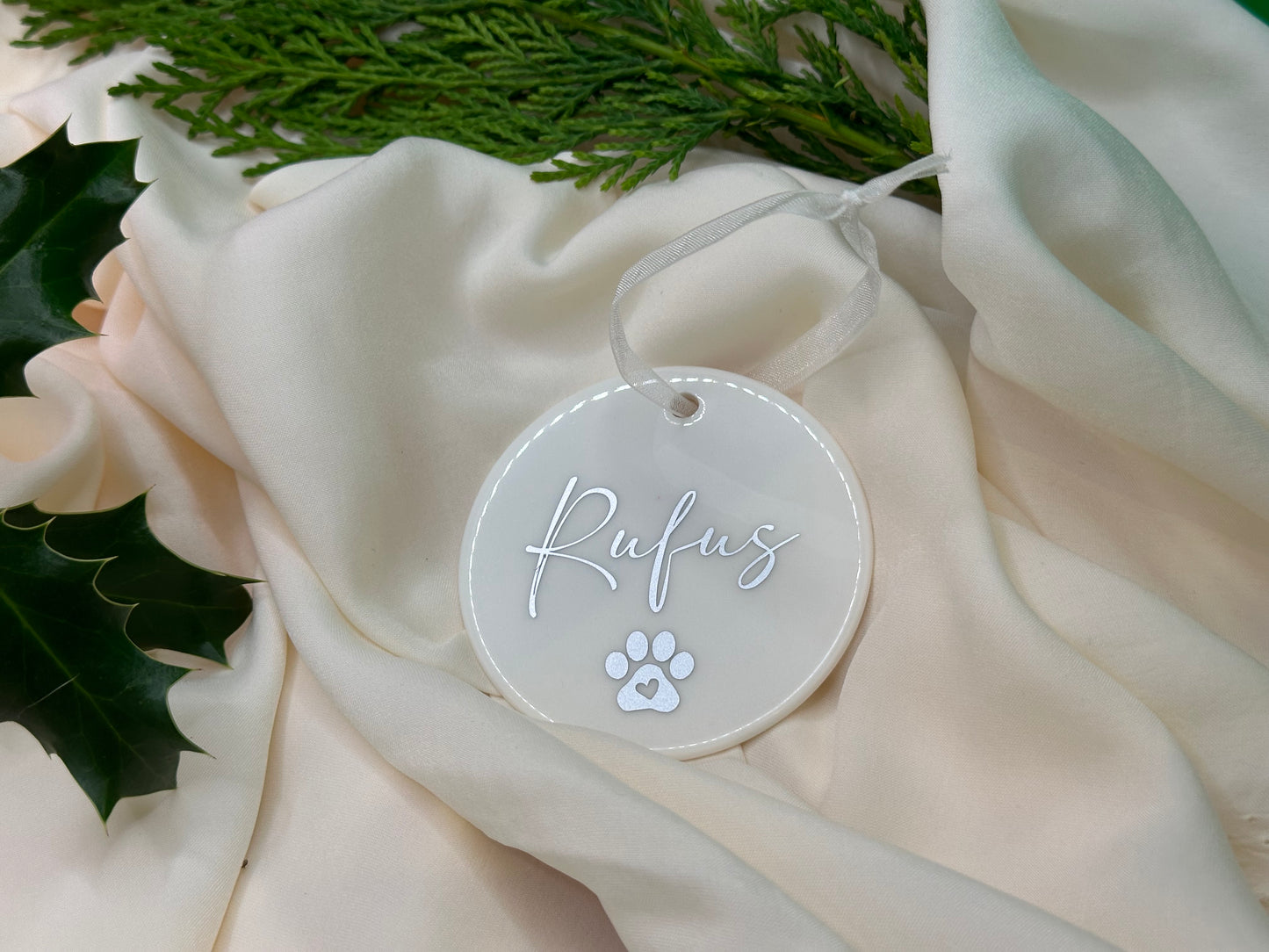 Personalised Pet Name Paw Christmas Ornament: Ceramic, Star or Frosted Glass Bauble [Cat Dog Horse Christmas Keepsake Star Heart Tree Decoration]