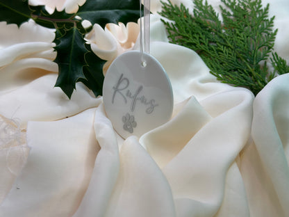 Personalised Pet Name Paw Christmas Ornament: Ceramic, Star or Frosted Glass Bauble [Cat Dog Horse Christmas Keepsake Star Heart Tree Decoration]