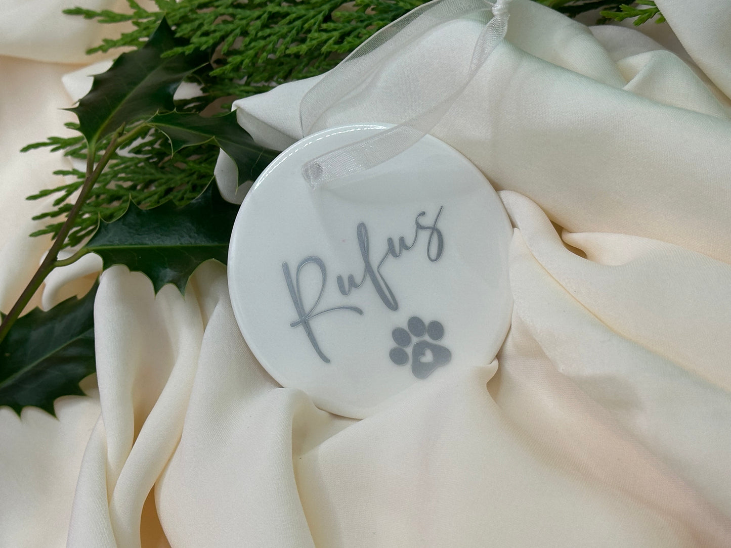 Personalised Pet Name Paw Christmas Ornament: Ceramic, Star or Frosted Glass Bauble [Cat Dog Horse Christmas Keepsake Star Heart Tree Decoration]