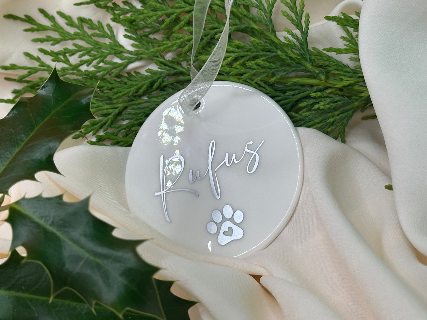 Personalised Pet Name Paw Christmas Ornament: Ceramic, Star or Frosted Glass Bauble [Cat Dog Horse Christmas Keepsake Star Heart Tree Decoration]