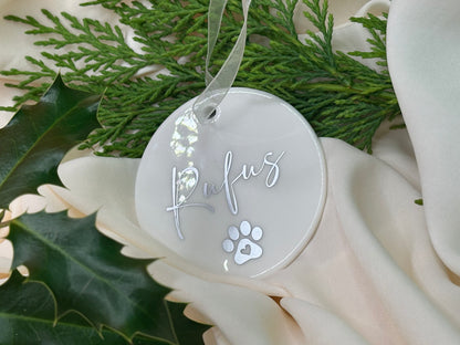 Personalised Pet Name Paw Christmas Ornament: Ceramic, Star or Frosted Glass Bauble [Cat Dog Horse Christmas Keepsake Star Heart Tree Decoration]