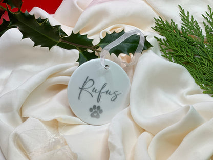 Personalised Pet Name Paw Christmas Ornament: Ceramic, Star or Frosted Glass Bauble [Cat Dog Horse Christmas Keepsake Star Heart Tree Decoration]
