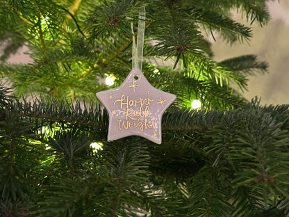 Handwritten Calligraphy Name Christmas Ornament: Ceramic, Star or Frosted Glass Bauble [Son Daughter Christmas Keepsake Star Heart Tree Decoration]