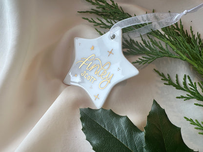 Handwritten Calligraphy Name Christmas Ornament: Ceramic, Star or Frosted Glass Bauble [Son Daughter Christmas Keepsake Star Heart Tree Decoration]
