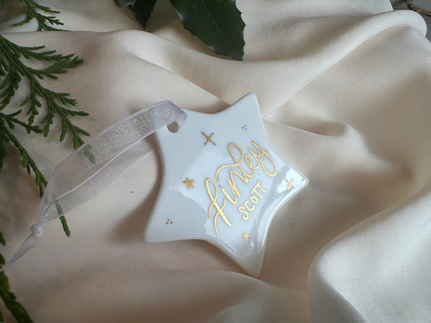 Handwritten Calligraphy Name Christmas Ornament: Ceramic, Star or Frosted Glass Bauble [Son Daughter Christmas Keepsake Star Heart Tree Decoration]