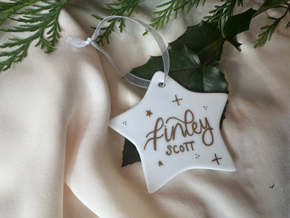 Handwritten Calligraphy Name Christmas Ornament: Ceramic, Star or Frosted Glass Bauble [Son Daughter Christmas Keepsake Star Heart Tree Decoration]