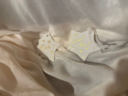 Handwritten Calligraphy Name Christmas Ornament: Ceramic, Star or Frosted Glass Bauble [Son Daughter Christmas Keepsake Star Heart Tree Decoration]