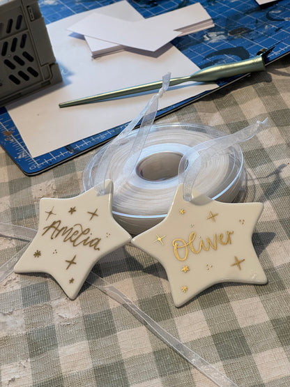 Handwritten Calligraphy Name Christmas Ornament: Ceramic, Star or Frosted Glass Bauble [Son Daughter Christmas Keepsake Star Heart Tree Decoration]