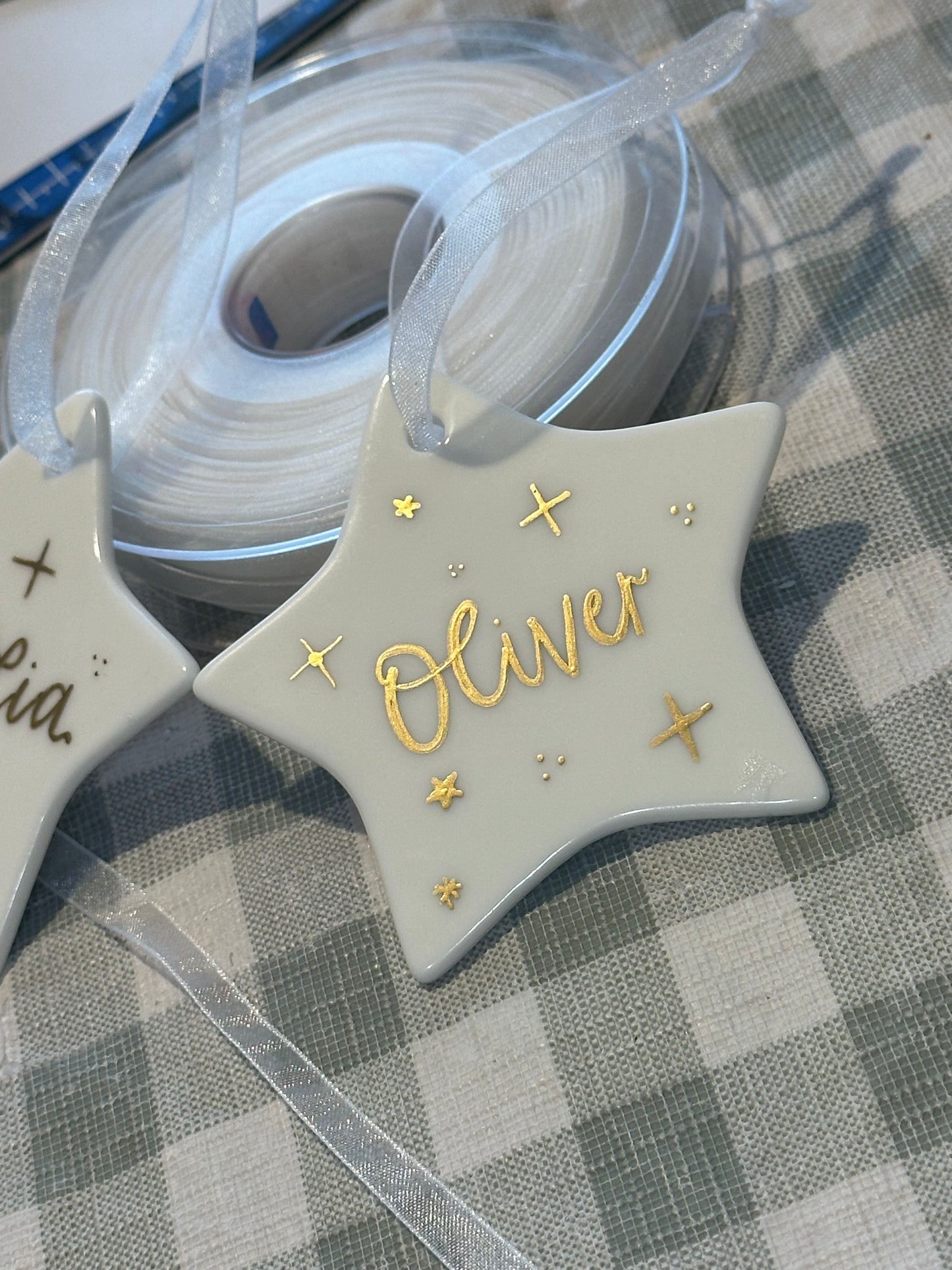Handwritten Calligraphy Name Christmas Ornament: Ceramic, Star or Frosted Glass Bauble [Son Daughter Christmas Keepsake Star Heart Tree Decoration]