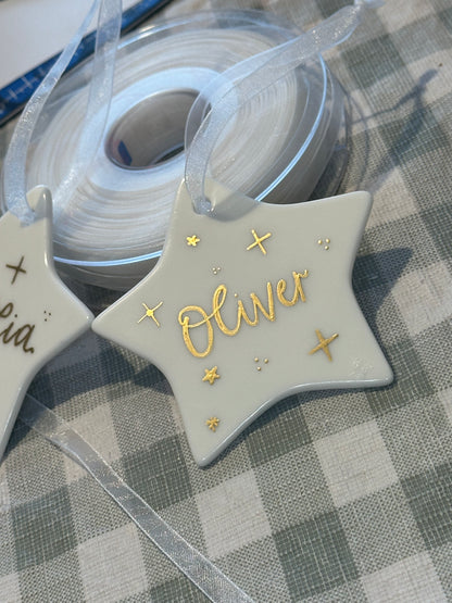 Handwritten Calligraphy Name Christmas Ornament: Ceramic, Star or Frosted Glass Bauble [Son Daughter Christmas Keepsake Star Heart Tree Decoration]