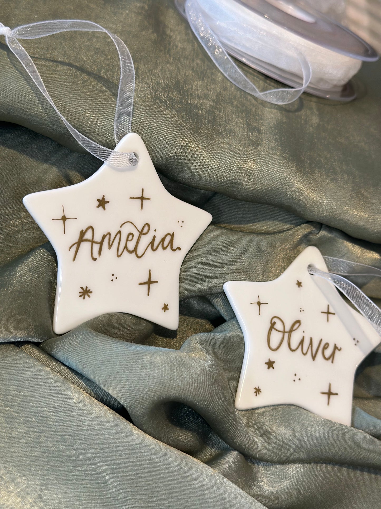 Handwritten Calligraphy Name Christmas Ornament: Ceramic, Star or Frosted Glass Bauble [Son Daughter Christmas Keepsake Star Heart Tree Decoration]