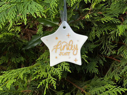Handwritten Calligraphy Name Christmas Ornament: Ceramic, Star or Frosted Glass Bauble [Son Daughter Christmas Keepsake Star Heart Tree Decoration]
