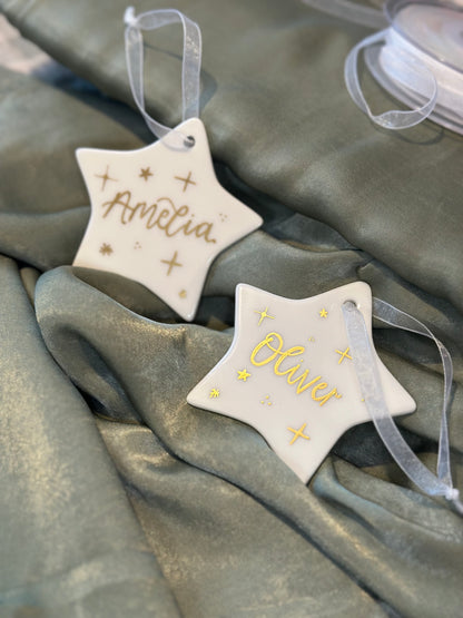 Handwritten Calligraphy Name Christmas Ornament: Ceramic, Star or Frosted Glass Bauble [Son Daughter Christmas Keepsake Star Heart Tree Decoration]
