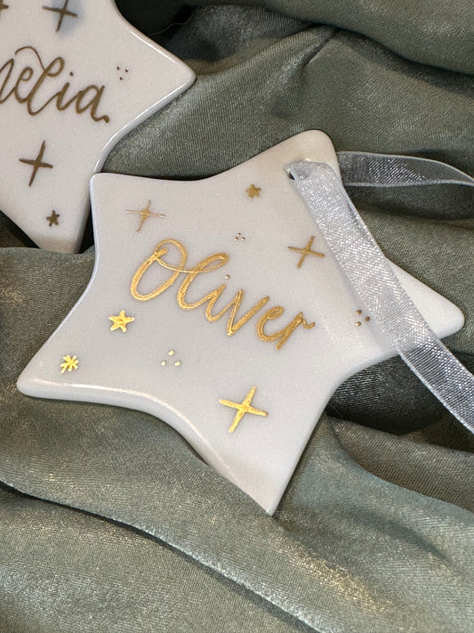 Handwritten Calligraphy Name Christmas Ornament: Ceramic, Star or Frosted Glass Bauble [Son Daughter Christmas Keepsake Star Heart Tree Decoration]