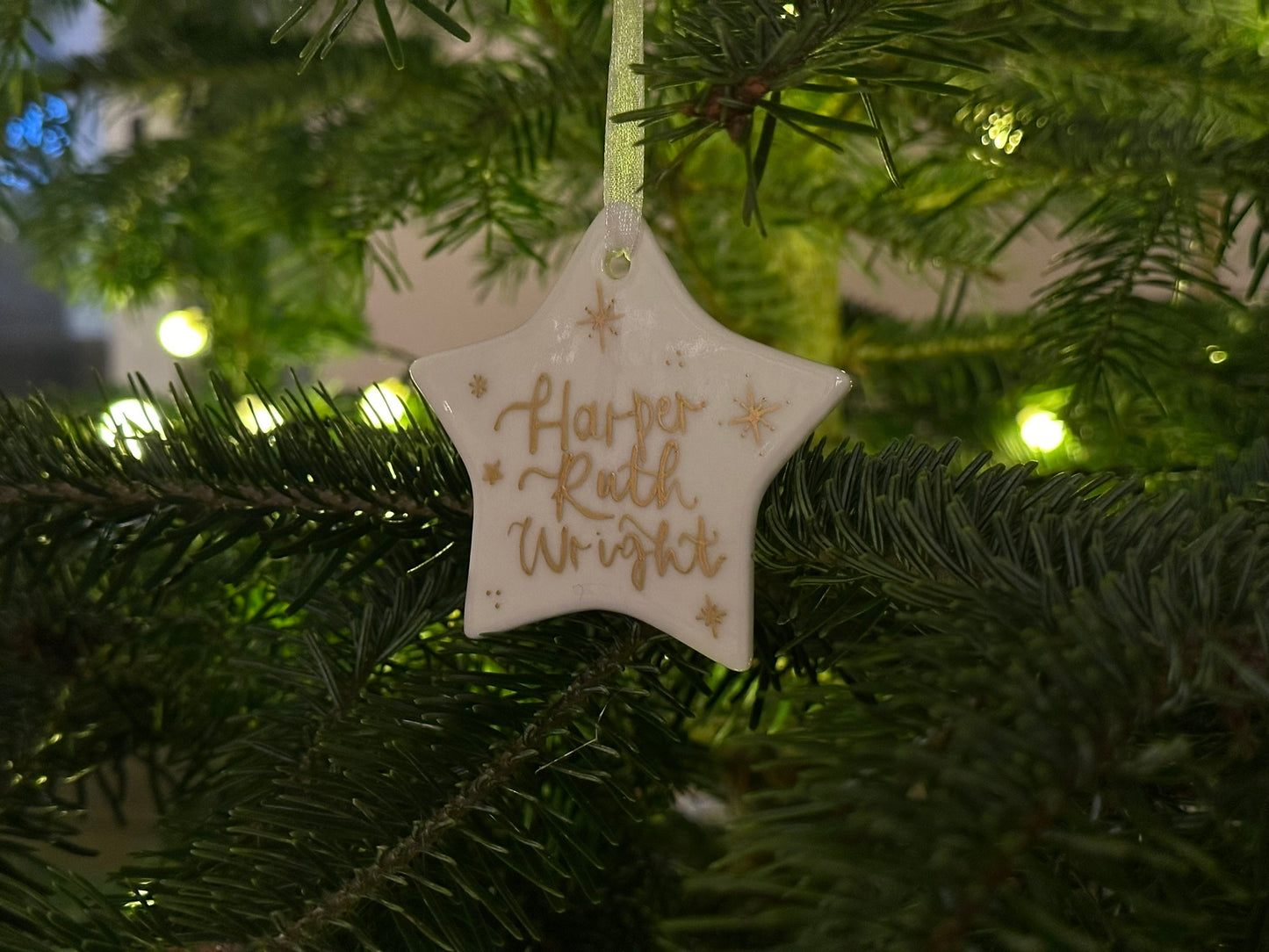 Handwritten Calligraphy Name Christmas Ornament: Ceramic, Star or Frosted Glass Bauble [Son Daughter Christmas Keepsake Star Heart Tree Decoration]