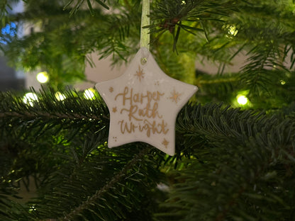 Handwritten Calligraphy Name Christmas Ornament: Ceramic, Star or Frosted Glass Bauble [Son Daughter Christmas Keepsake Star Heart Tree Decoration]