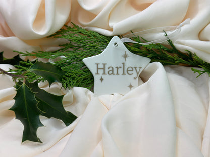 Personalised Name Heart Christmas Ornament: Ceramic, Star or Frosted Glass Bauble [Son Daughter Christmas Keepsake Star Heart Tree Decoration]