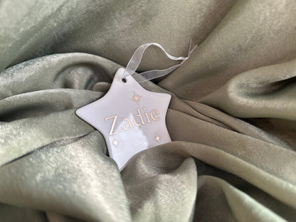 Personalised Name Heart Christmas Ornament: Ceramic, Star or Frosted Glass Bauble [Son Daughter Christmas Keepsake Star Heart Tree Decoration]