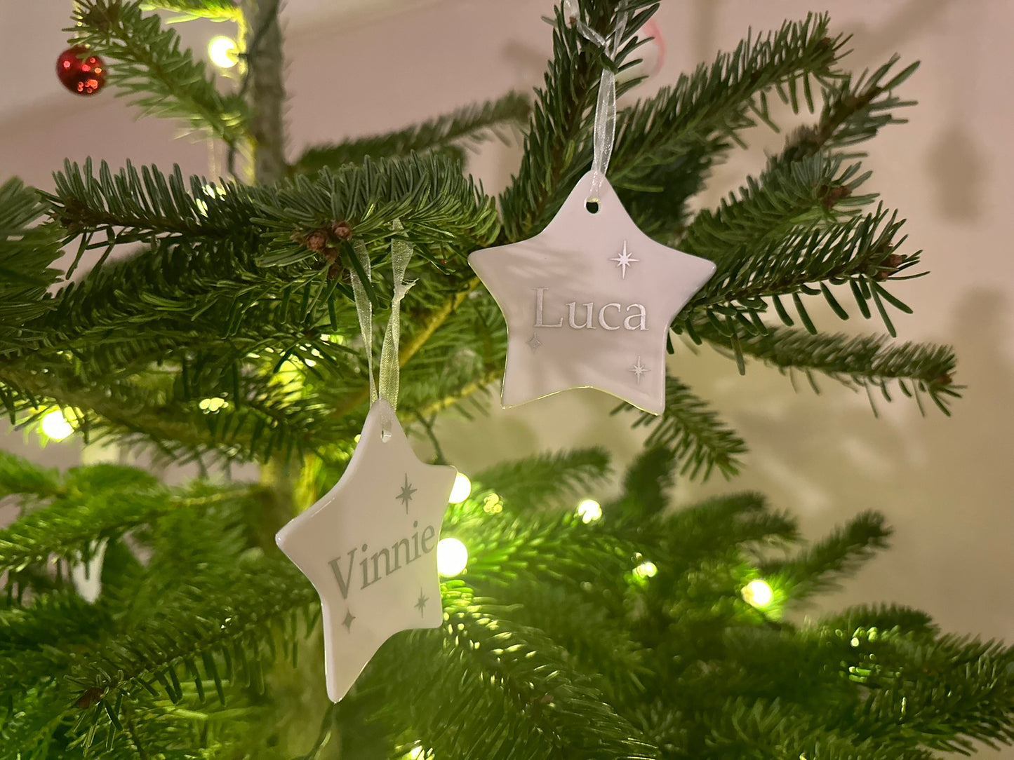 Personalised Name Heart Christmas Ornament: Ceramic, Star or Frosted Glass Bauble [Son Daughter Christmas Keepsake Star Heart Tree Decoration]