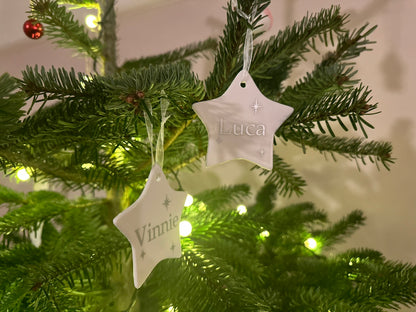 Personalised Name Heart Christmas Ornament: Ceramic, Star or Frosted Glass Bauble [Son Daughter Christmas Keepsake Star Heart Tree Decoration]