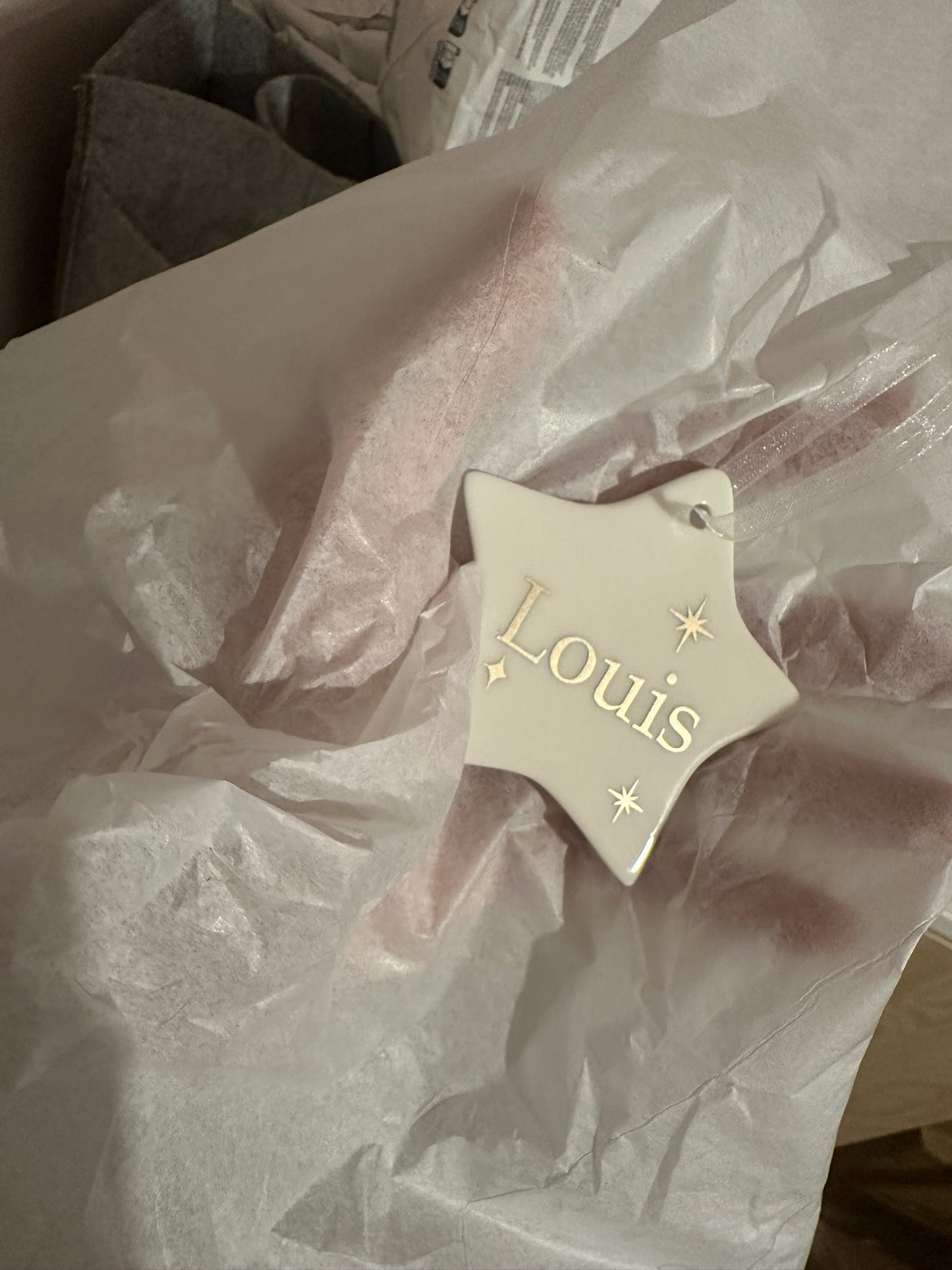 Personalised Name Heart Christmas Ornament: Ceramic, Star or Frosted Glass Bauble [Son Daughter Christmas Keepsake Star Heart Tree Decoration]