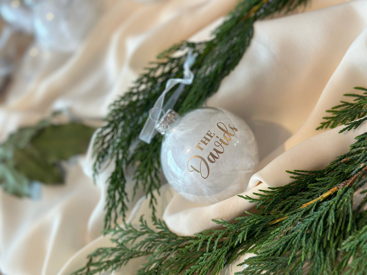 Personalised Family Name Bauble: Glass White Feather Ornament [Anniversary Engagement Wedding Gift Proposal]