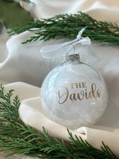 Personalised Family Name Bauble: Glass White Feather Ornament [Anniversary Engagement Wedding Gift Proposal]