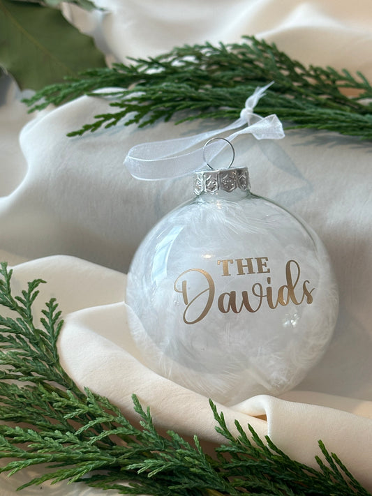 Personalised Family Name Bauble: Glass White Feather Ornament [Anniversary Engagement Wedding Gift Proposal]